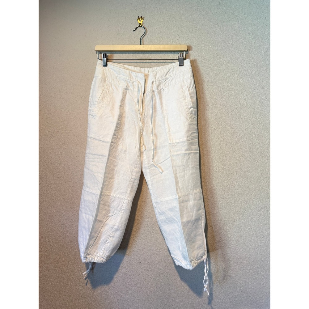 Style & Co Petite White 100% Linen Drawstring Cargo Cropped Pants Size 8P
